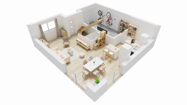 Plan interieur rdc 3D maison individuelle contemporaine a etage - FAMILY HOME 150 - Groupe BDL