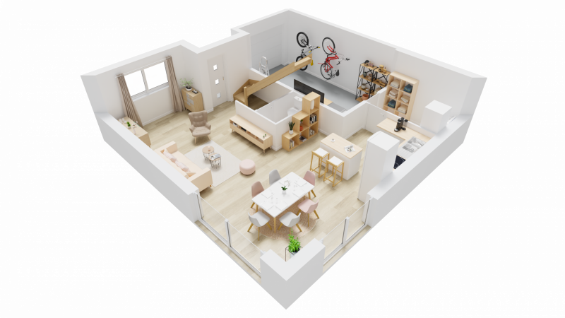 Plan interieur rdc 3D maison individuelle contemporaine a etage - FAMILY HOME 150 - Groupe BDL