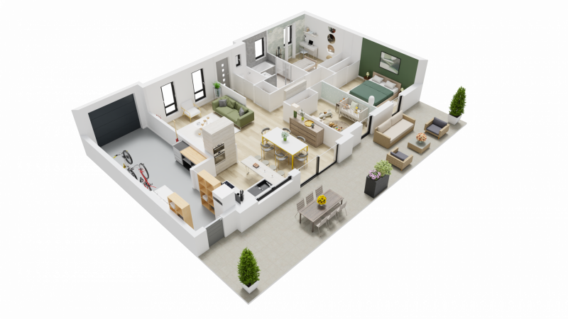 Vue du dessus 3D maison individuelle de plain pied - FAMILY HOME 131 Groupe BDL