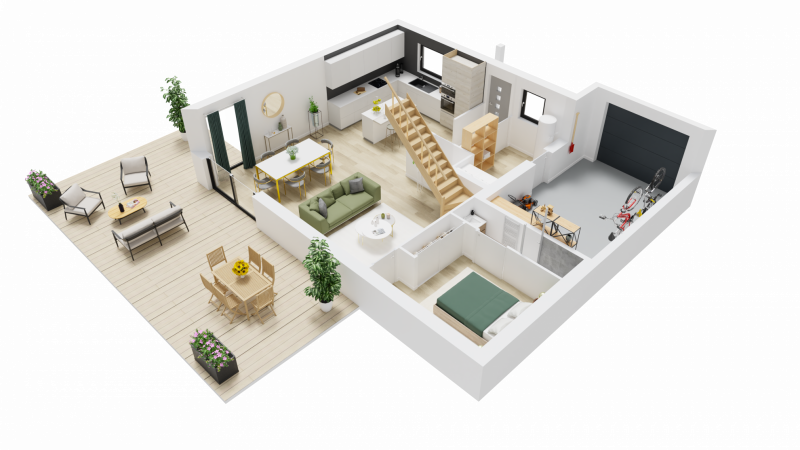 Vue interieur 3D rez de chaussee  maison individuelle a etage R+1 - FAMILY HOME 142 - Groupe BDL
