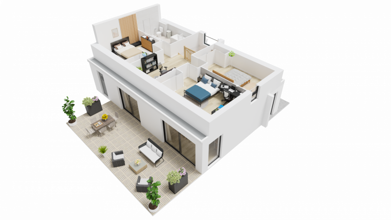 Vue intérieure 3D etage maison individuelle contemporaine à étage combles _ 3 chambres avec garage - FH154