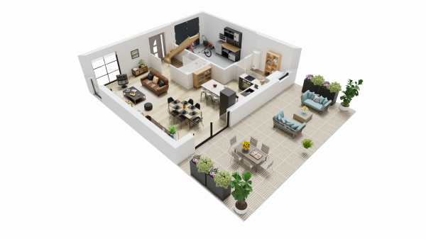 Vue interieure 3D rez de chaussee maison individuelle a etage FAMILY HOME 153 Groupe BDL