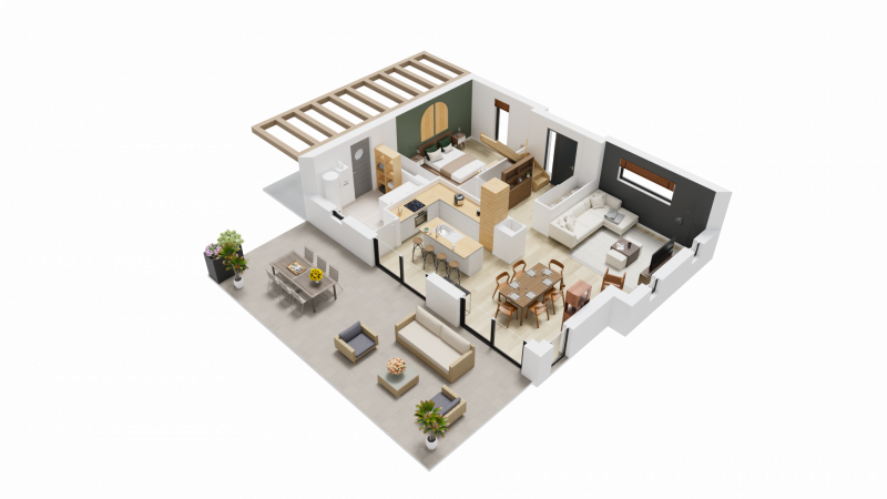 Vue interieure 3D rez de chaussee maison individuelle a etage R+1 - FAMILY HOME 144 - Groupe BDL