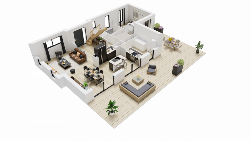 Vue interieure 3D rez de chaussee maison individuelle a etage R+1 - FAMILY HOME 146 - Groupe BDL