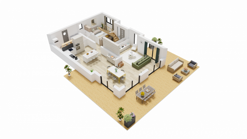 Vue interieure 3D rez de chaussee  maison individuelle a etage R+1 - FAMILY HOME 148 - Groupe BDL