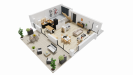 Vue intérieure 3D rez de chaussee maison individuelle contemporaine à étage combles _ 3 chambres avec garage - FH154
