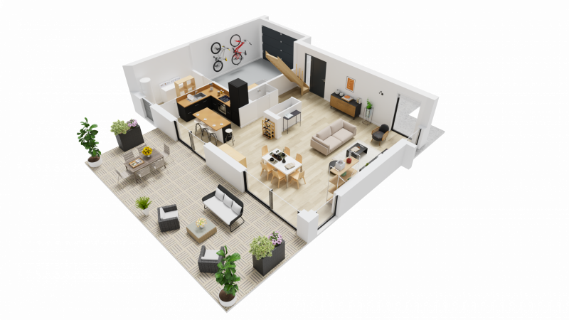 Vue intérieure 3D rez de chaussee maison individuelle contemporaine à étage combles _ 3 chambres avec garage - FH154
