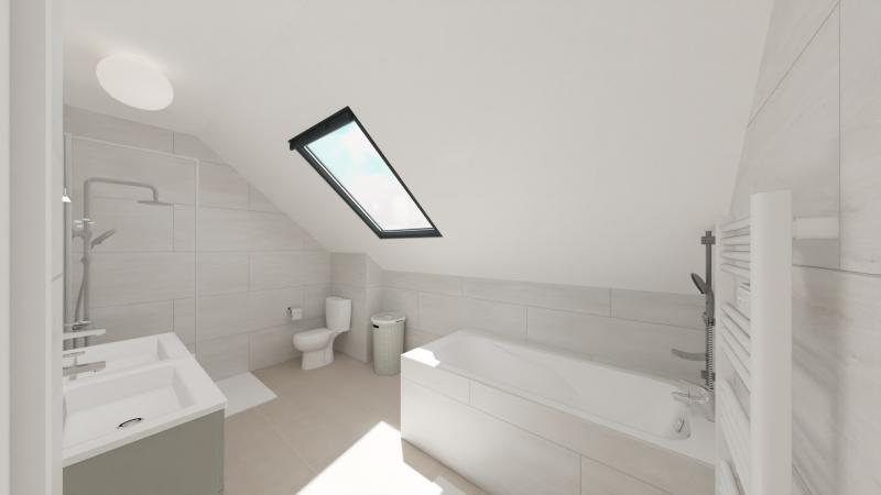 Vue intérieure salle de bains maison individuelle contemporaine à étage combles _ 3 chambres avec garage - FH154