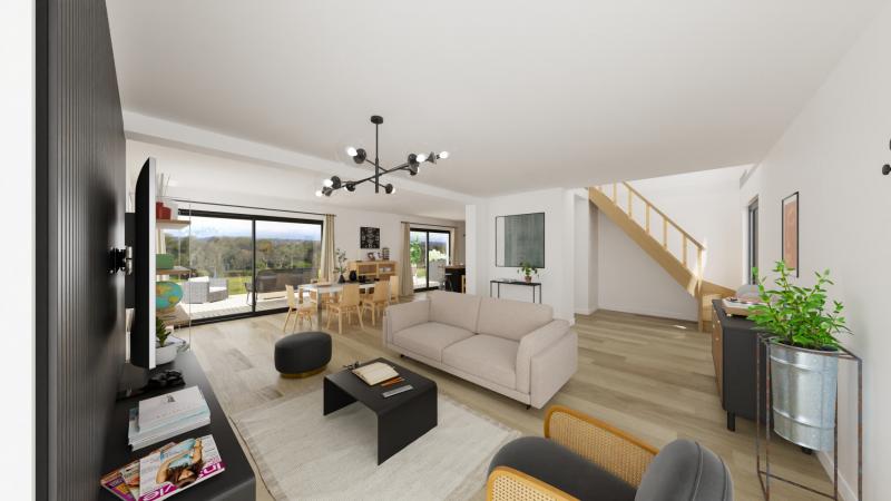 Vue intérieure séjour maison individuelle contemporaine à étage combles _ 3 chambres avec garage - FH154
