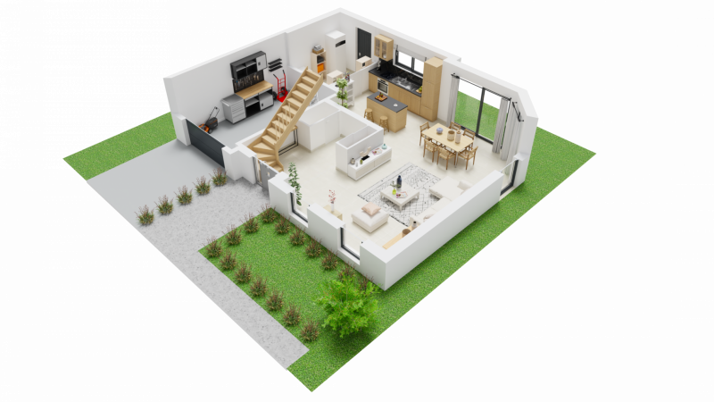 VUE INTERIEURE 3D RDC  maison individuelle 3 chambres  FH152 Groupe BDL
