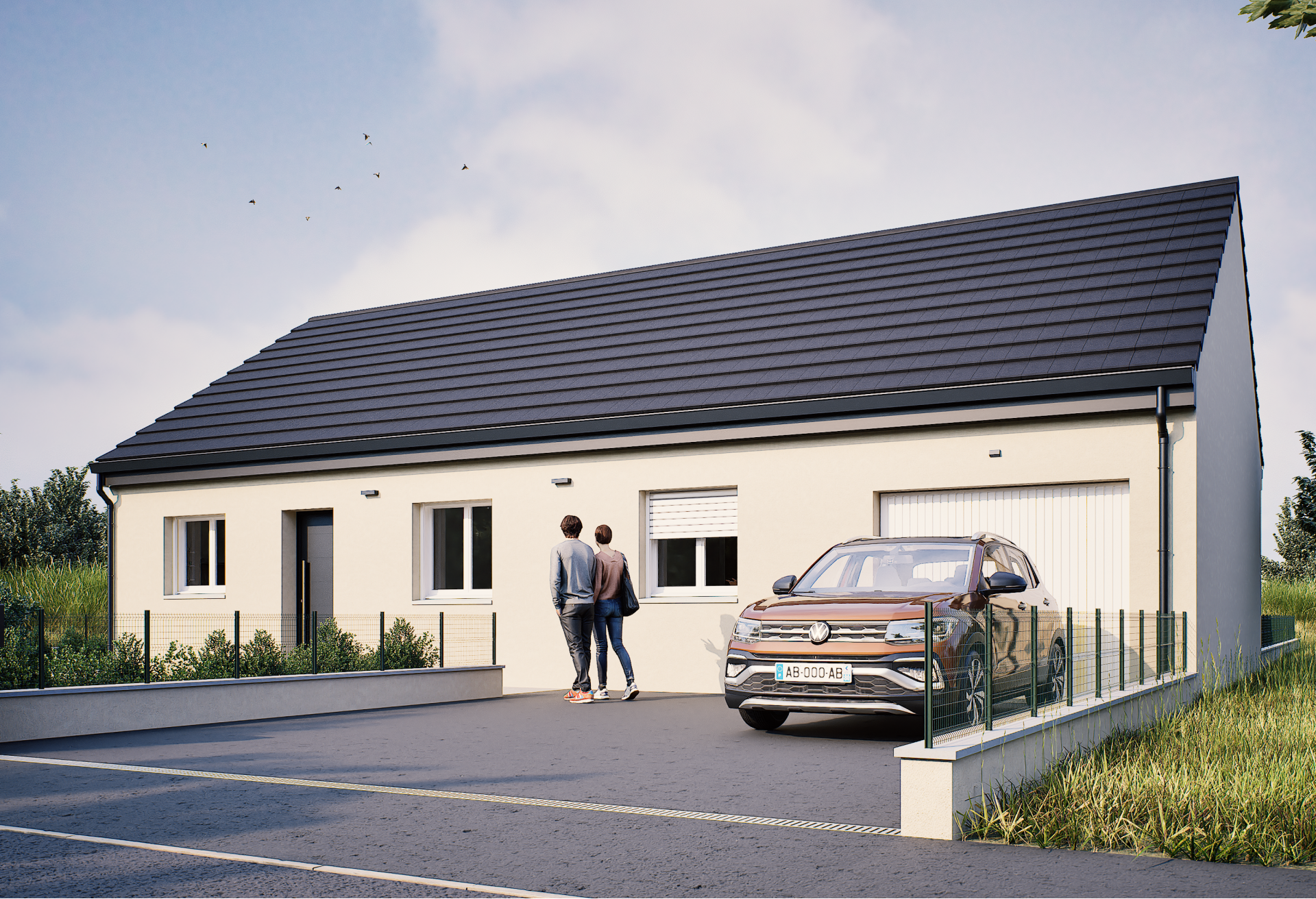 Plan de maison plain-pied de 73 m², 4 pièces, 3 chambres, 1 salle de bain, et avec garage.