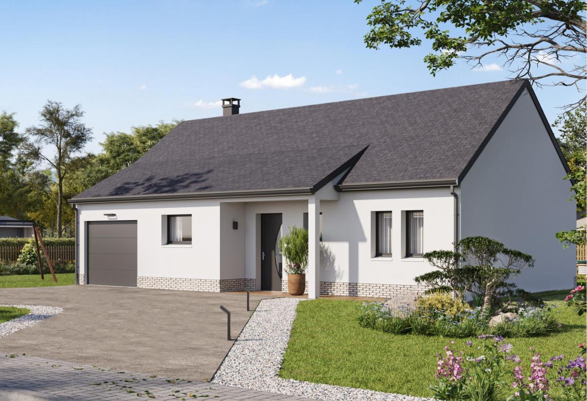 Plan de maison plain-pied de 74 m², 4 pièces, 3 chambres, 1 salle de bain, et avec garage.