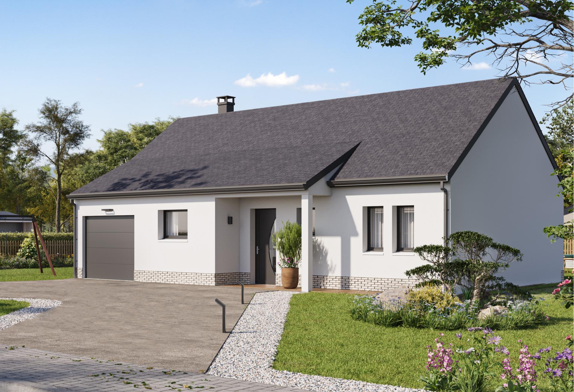Plan de maison plain-pied de 74 m², 4 pièces, 3 chambres, 1 salle de bain, et avec garage.