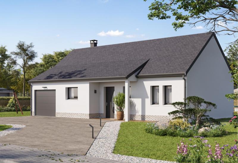 Plan de maison plain-pied de 74 m², 4 pièces, 3 chambres, 1 salle de bain, et avec garage.