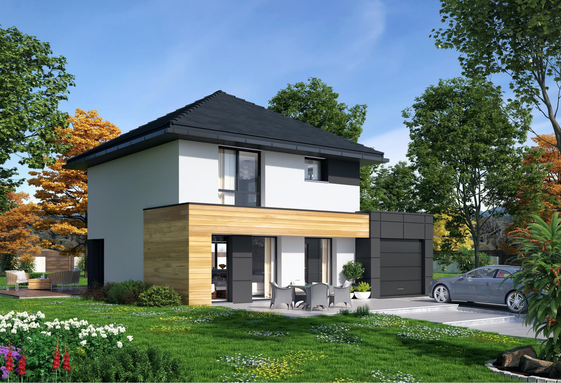 Plan de maison r+1 de 88 m², 4 pièces, 3 chambres, 1 salle de bain, et avec garage.