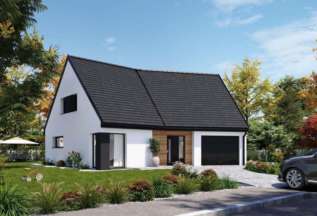 Plan de maison à étage de 140 m², 5 pièces, 4 chambres, 2 salles de bain, et avec garage.