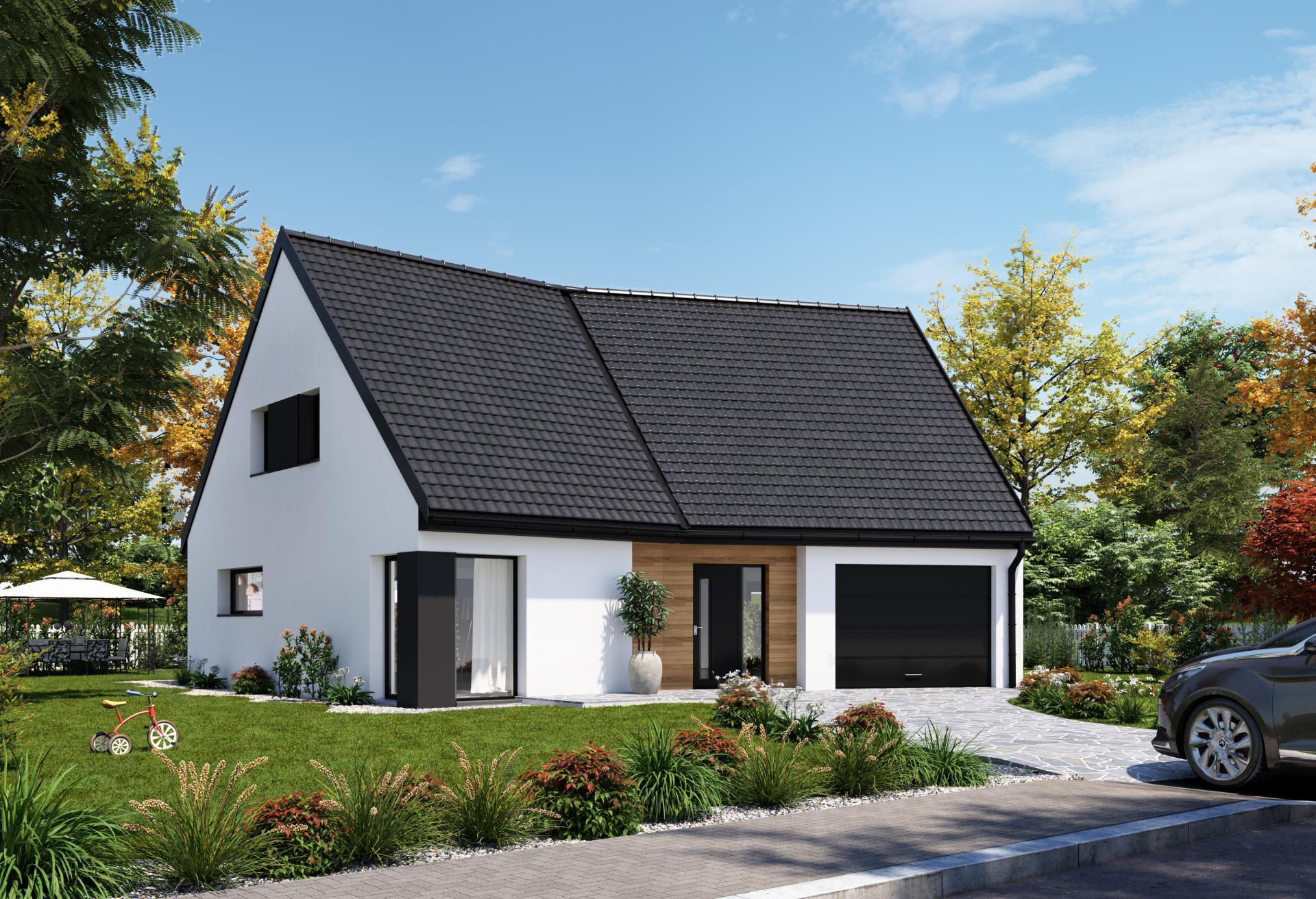 Plan de maison à étage de 140 m², 5 pièces, 4 chambres, 2 salles de bain, et avec garage.