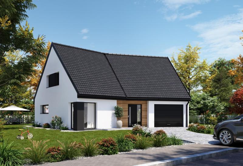 Plan de maison à étage de 140 m², 5 pièces, 4 chambres, 2 salles de bain, et avec garage.