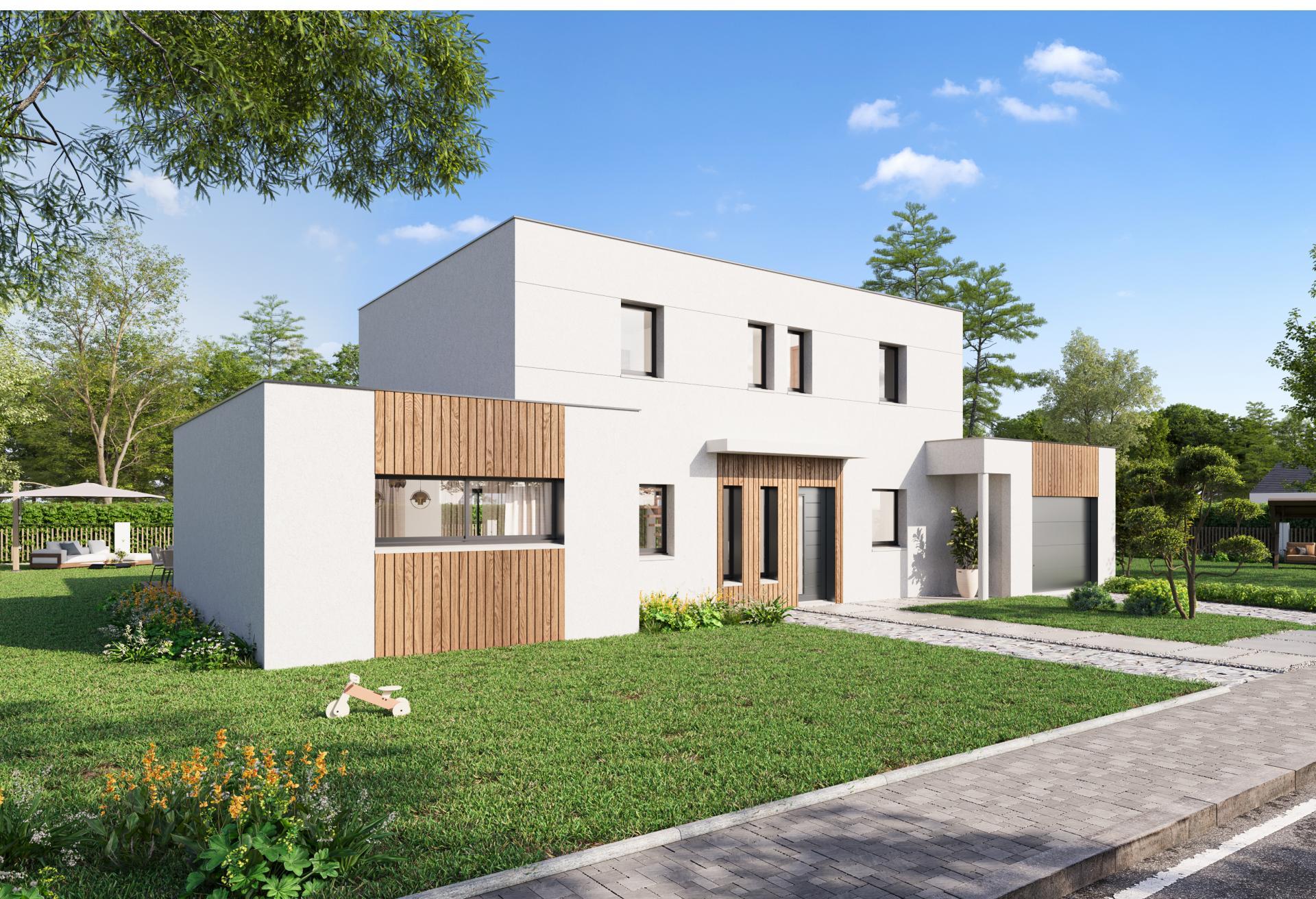 Plan de maison r+1 de 148 m², 6 pièces, 4 chambres, 1 salle de bain, et avec garage.
