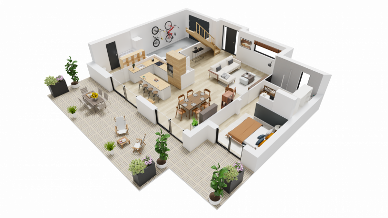 Vue 3D rez de chaussee maison indivuiduelle a etage 3 chambres et bureau et garage FAMILY HOME 156 - Groupe BDL