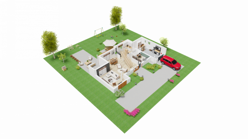 Vue interieure 3D rez de chausee maison individuelle a etage R+1 - FH 31 Groupe BDL