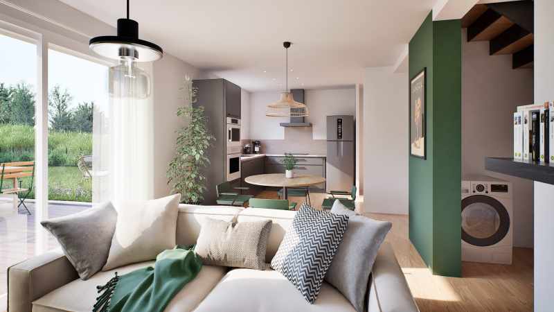 Vue interieure piece de vie avec cuisine maison individuelle a etage Investissment locatif normes PMR - Modèle LOYA Groupe BDL