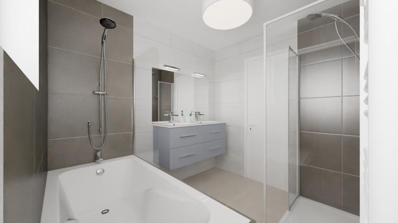 Vue interieure salle de bains maison contemporaine individuelle a etage R+1  avec garage FAMILY HOME 140 - Groupe BDL