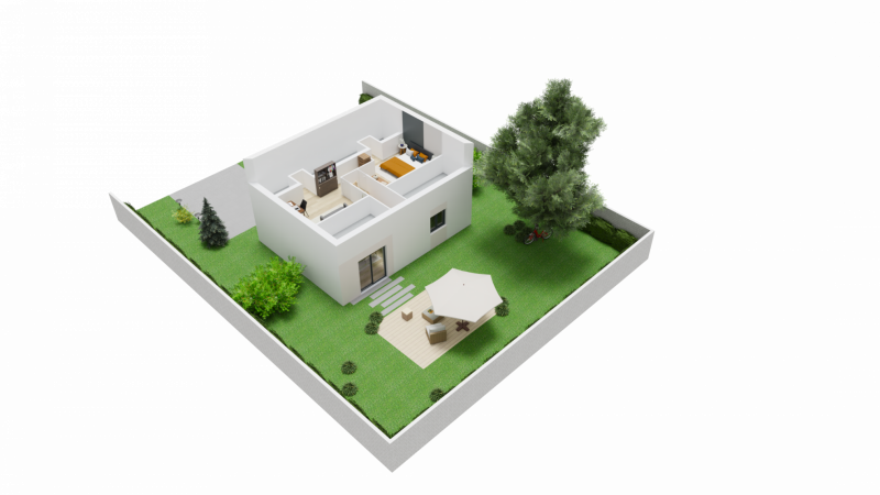 Vue plan intérieur 3D étage maison indiviudelle à étage combles - 2 chambres et bureau - FH25