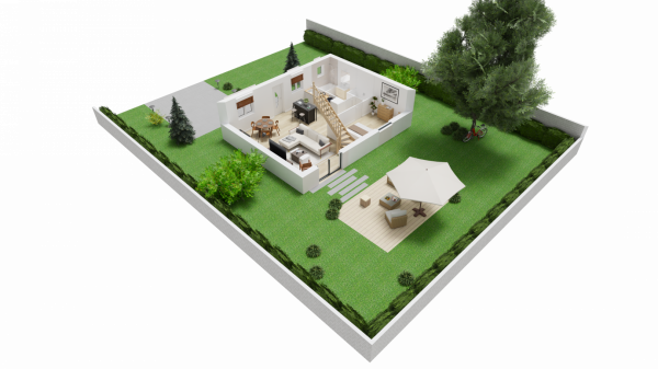 Vue plan intérieur 3D RDC maison indiviudelle à étage combles - 2 chambres et bureau - FH25