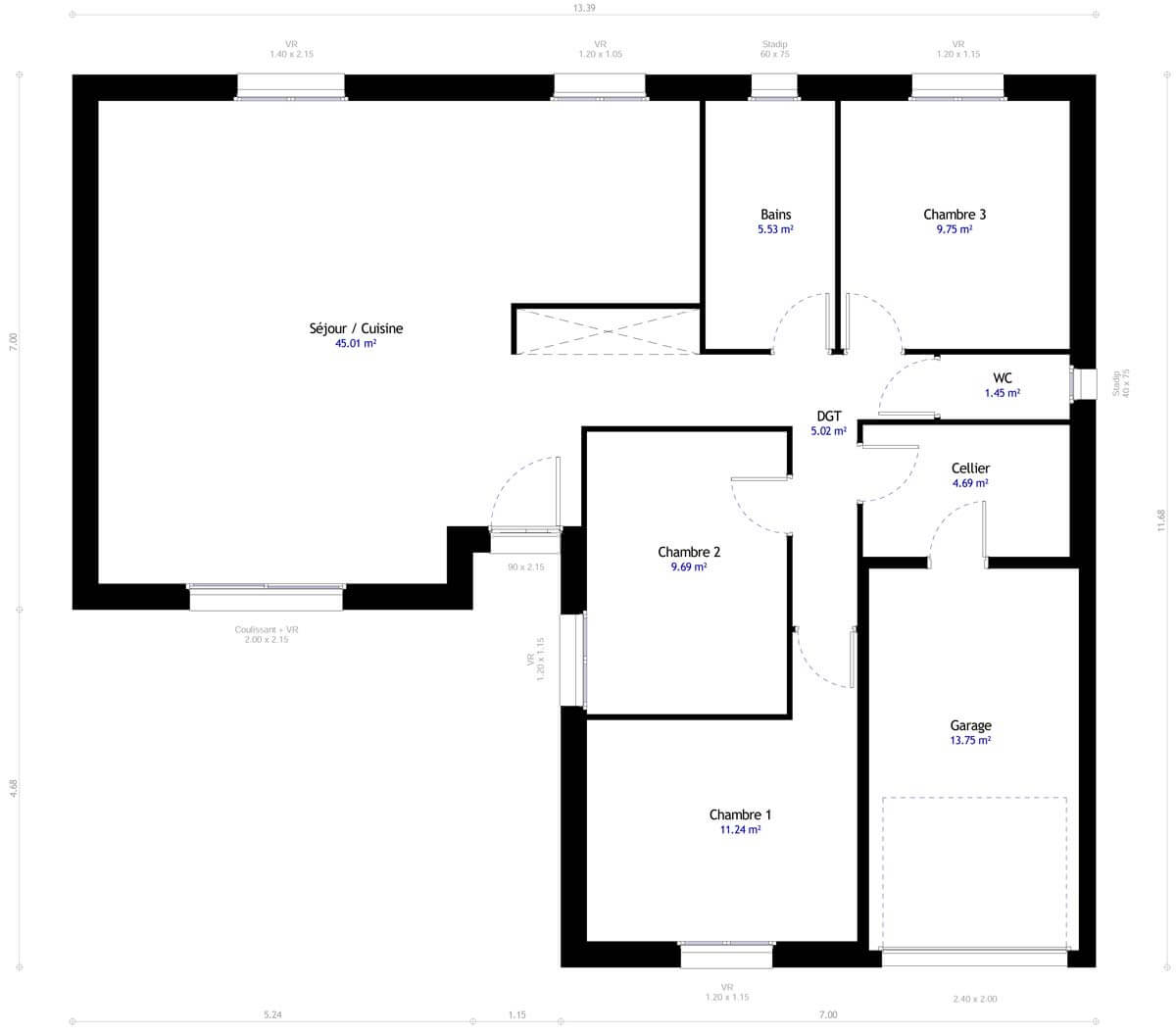 Plan De Maison 3 Chambres Modele Dh 94 Design Habitat
