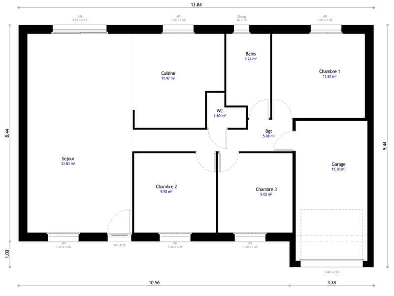 plan de maison avec 3 chambres