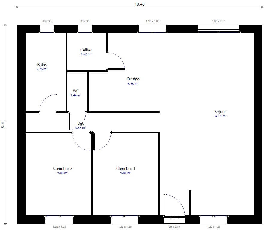 Plan de maison 2 chambres modèle Lesmaisons.com 103 - Maisons.com