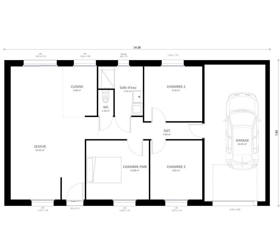 plan de maison avec 3 chambres